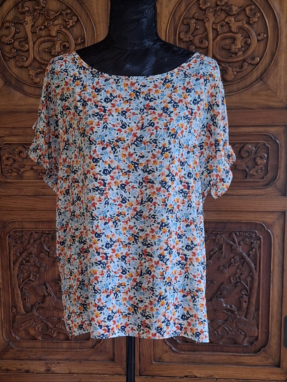 LOFT Blue & Orange Floral Petal Sleeve Mixed Media Blouse - Size L